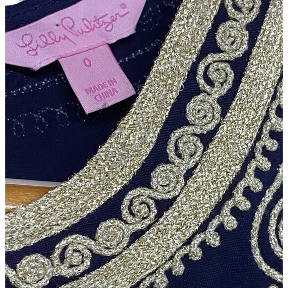 Lilly Pulitzer Sz 0 Mini Dress Blue Gold Embroidered Sleeveless Vneck - Picture 5 of 7